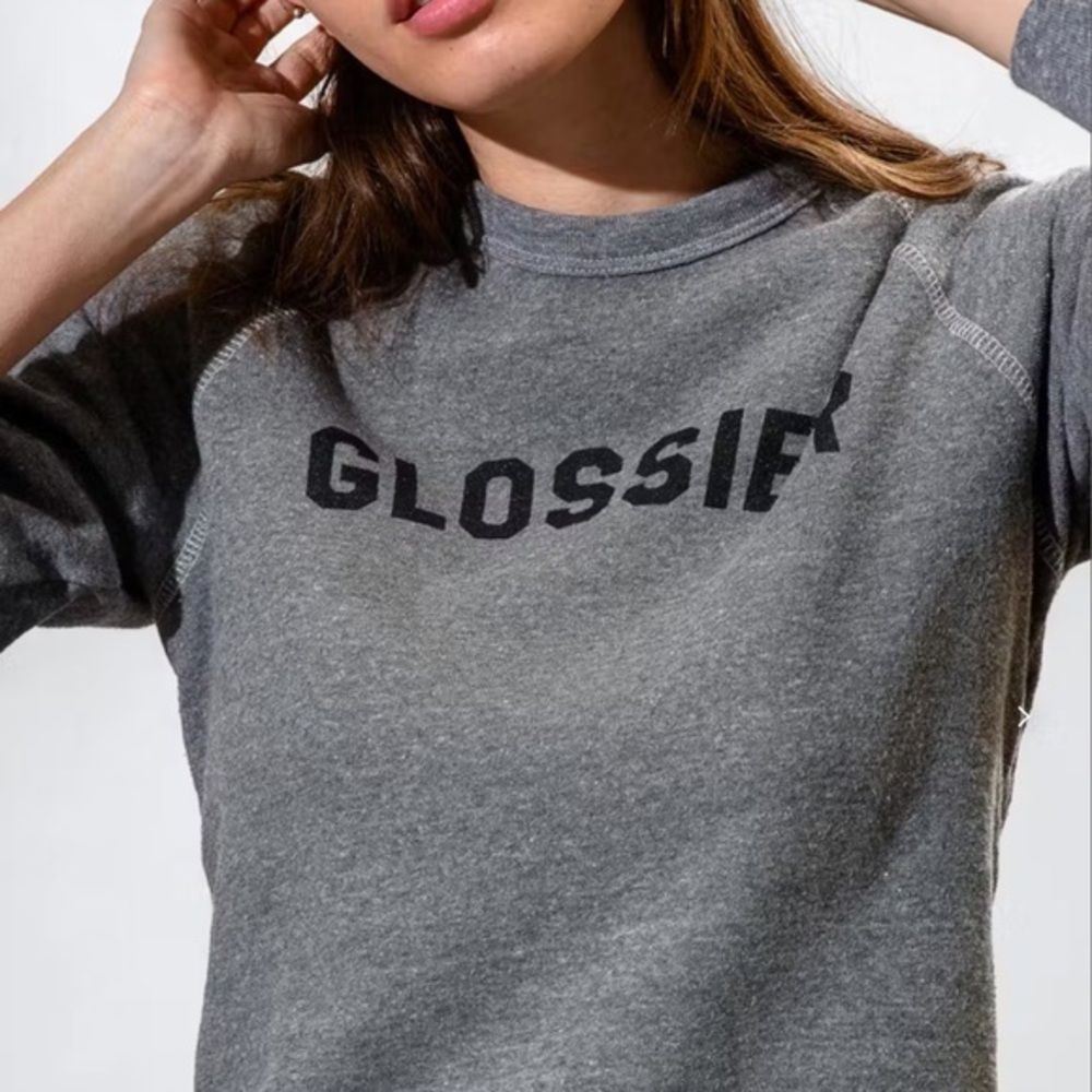 Glossier Gray Crewneck Sweatshirt Black Print White Stitching Size Small